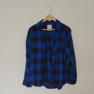 SO Blue and Black Plaid Flannel Shirt Grunge Streetwear Size L